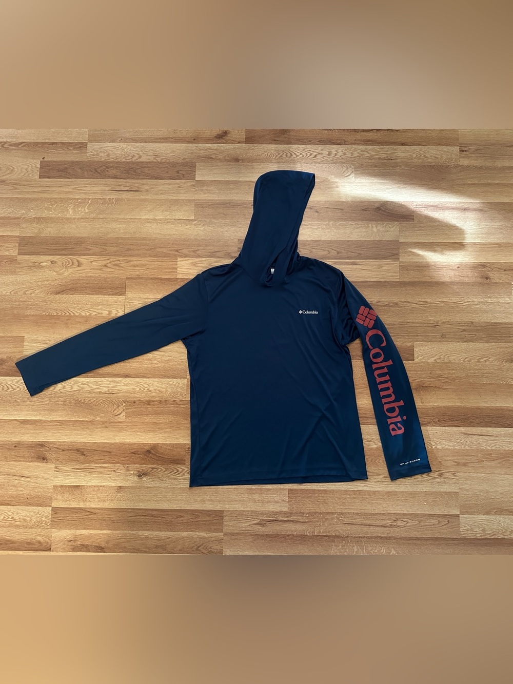 Columbia Navy Hooded Long Sleeve Tee with Red Sleeve Logo